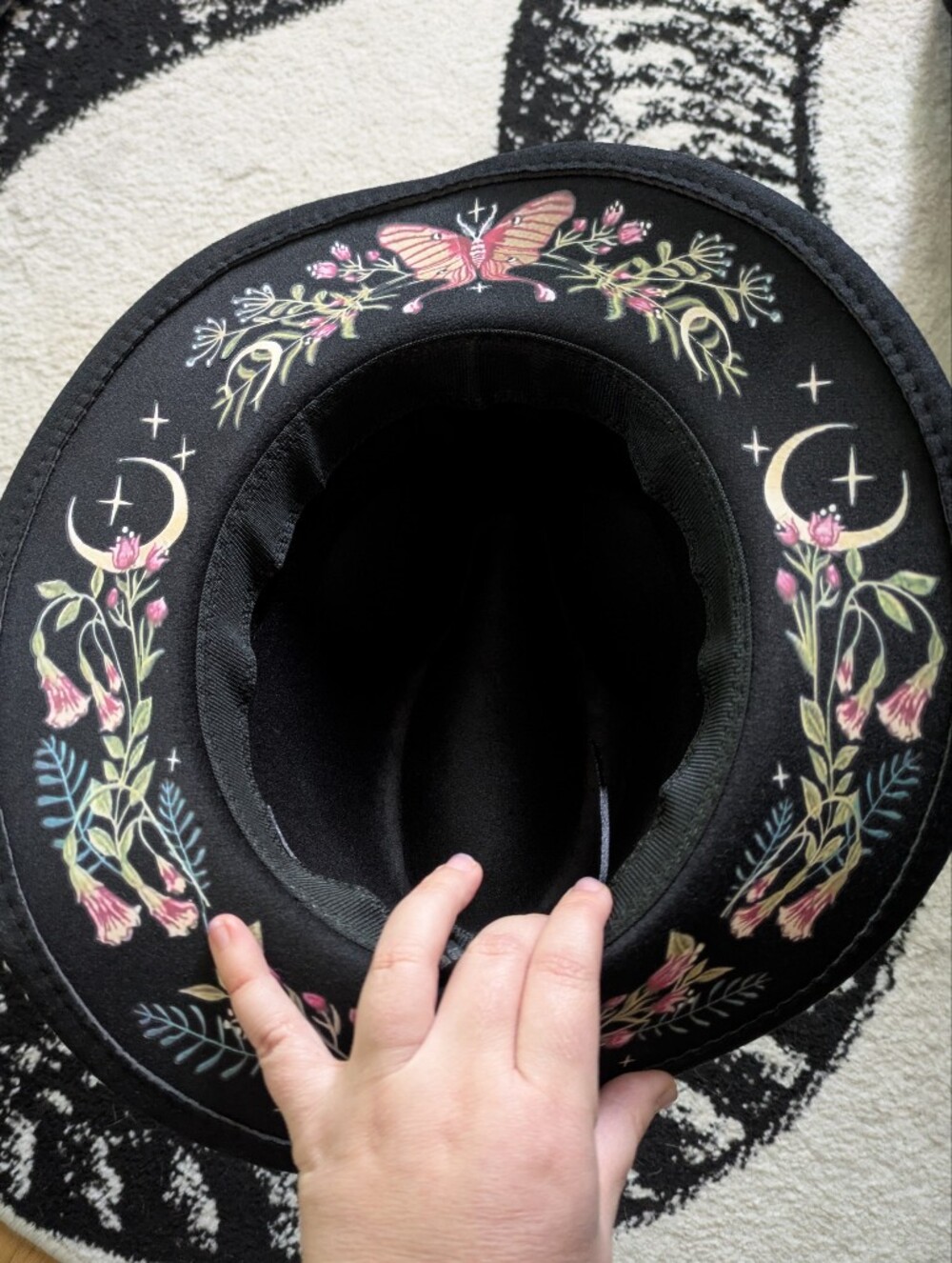 Witchy Black Wide-Brim Fedora with Pink Floral, Butterfly & Moon Embroidery - Picture 13 of 13